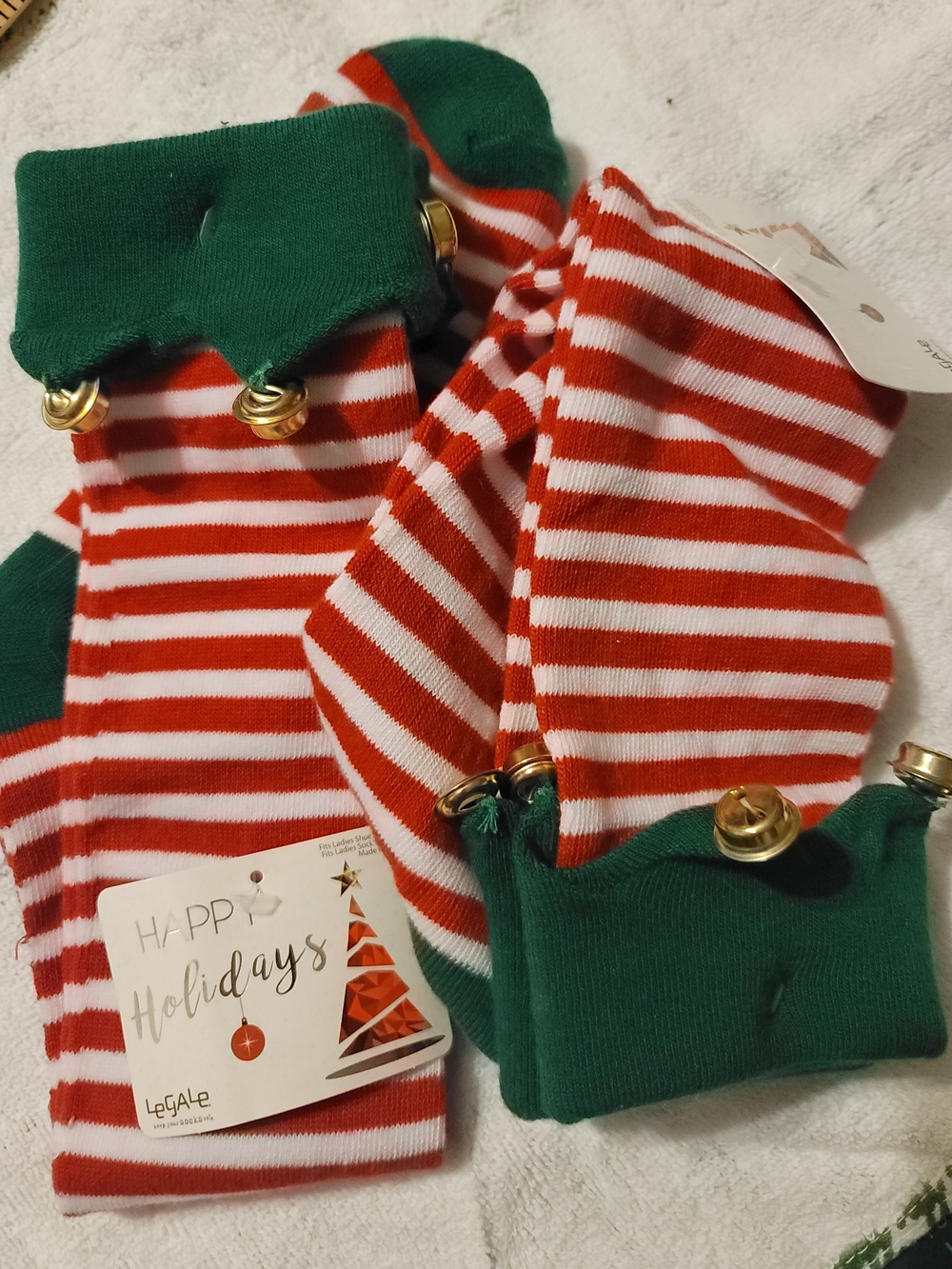 Holiday Elf Stripe Socks with Jingle Bells - Red & Green